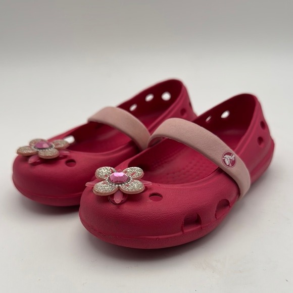 CROCS Pink Sandals with Adjustable Strap and Floral Design Baby Toddler Size 6 - Picture 2 of 7